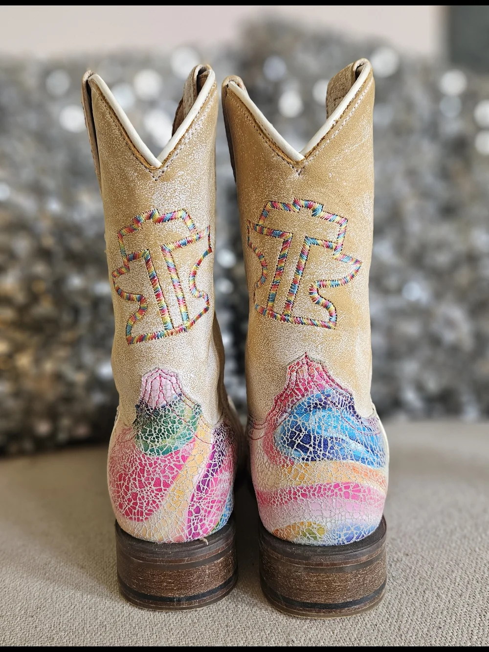 Tin Haul Handmade Leather Kids Color Burst Square Toe Boots. Size Toddler 11